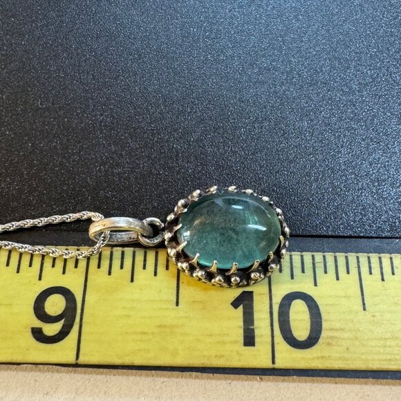 Sterling Silver 925 Green Quartz Beaded Border Pendant Necklace Size 16'' Length - Picture 6 of 8